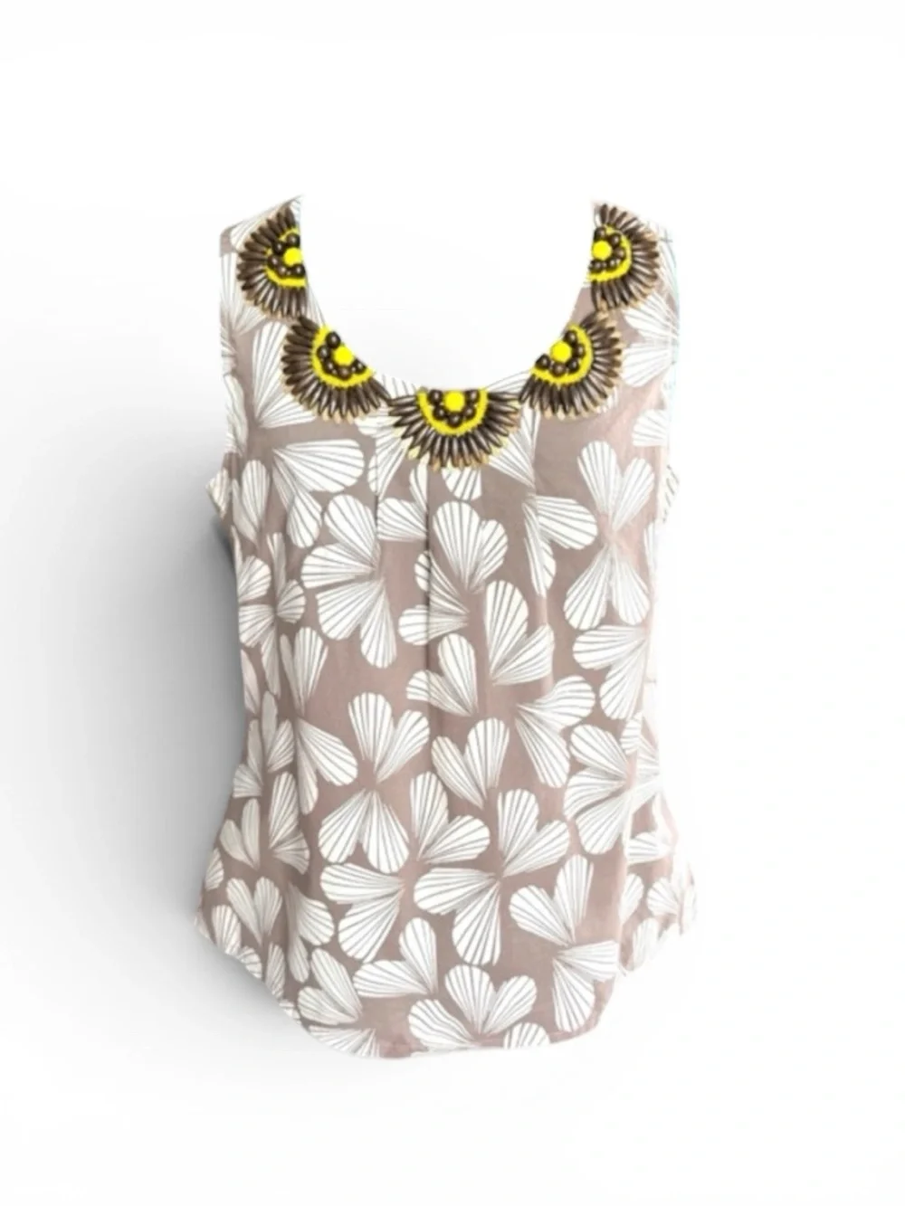 Boden Taupe Floral Sleeveless Top with Yellow Beaded Neckline - Picture 14 of 14